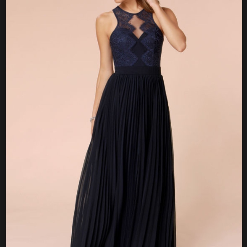 BARIANO LUCIANA NAVY BLUE LACE MAXI DRESS